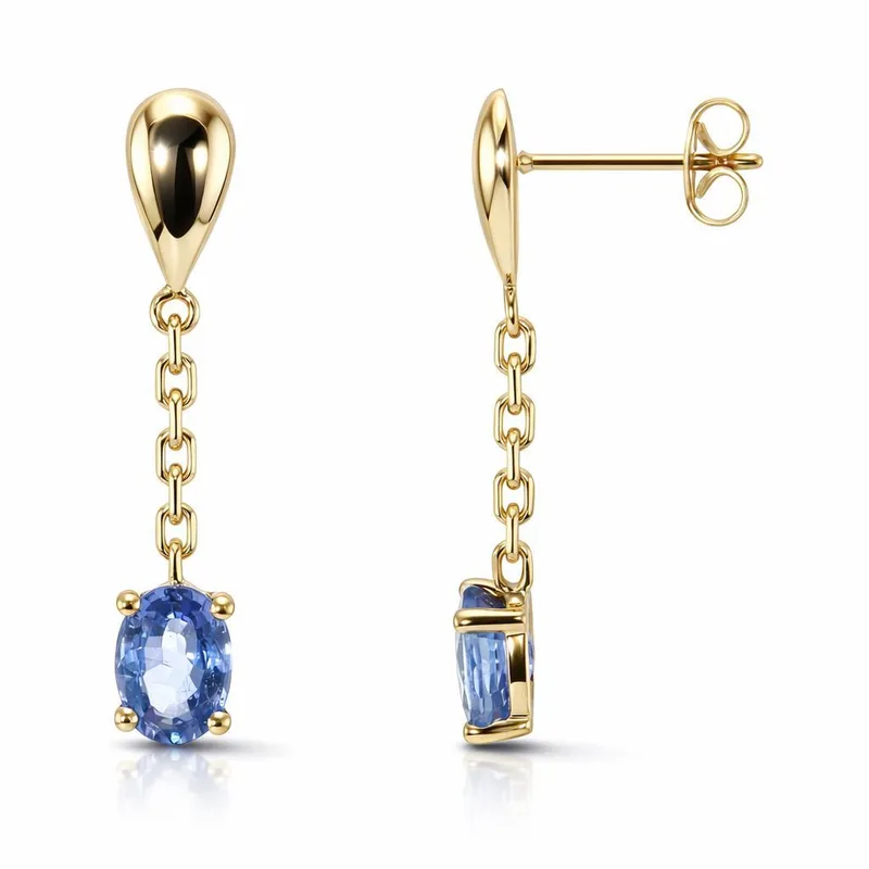 Boucles d'oreilles pendantes Saphir Bleu de Ceylan Ovale 7x5mm en Or Jaune 750 pour femme - Bijoux Trabbia Vuillermoz